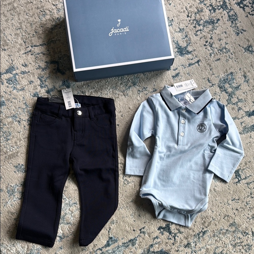 NEW! 2 pc Jacadi Light Blue Bodysuit and Dark Blue Pants Set